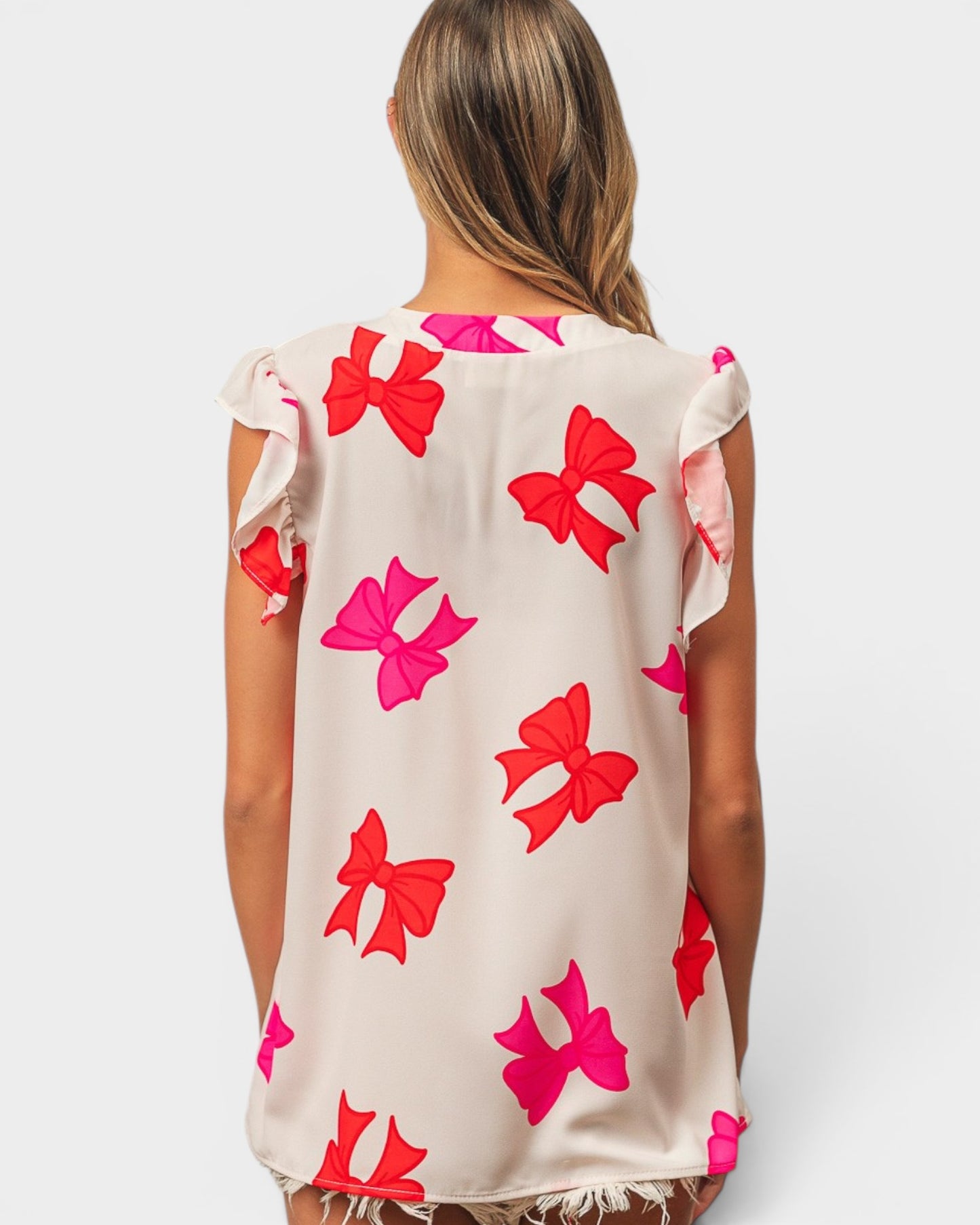 Red & Pink Bow Flutter Sleeve Top