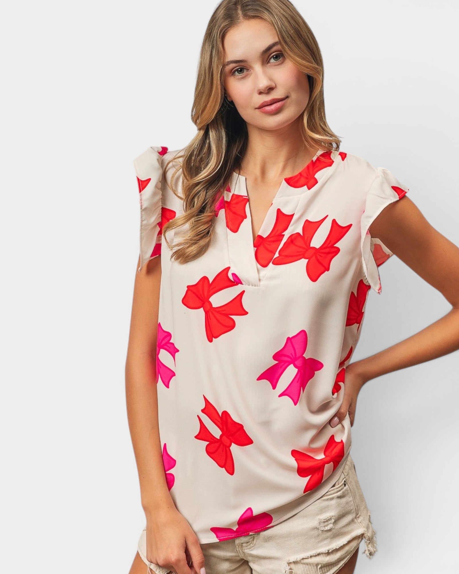 Red & Pink Bow Flutter Sleeve Top