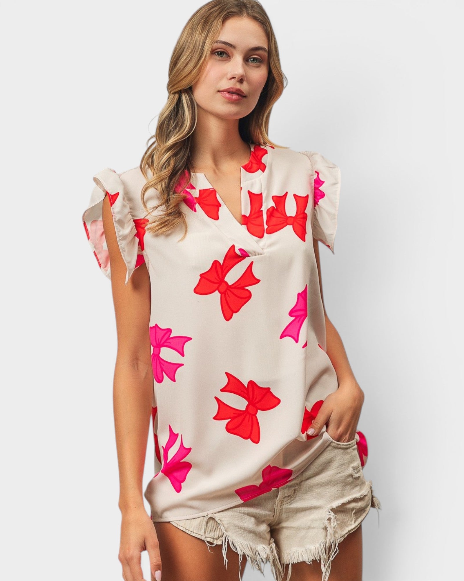 Red & Pink Bow Flutter Sleeve Top