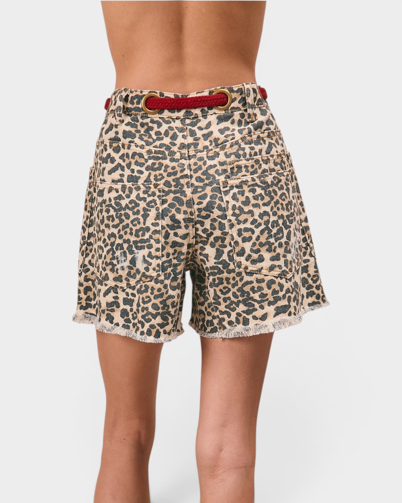 Leopard Print Rope Belt Denim Shorts