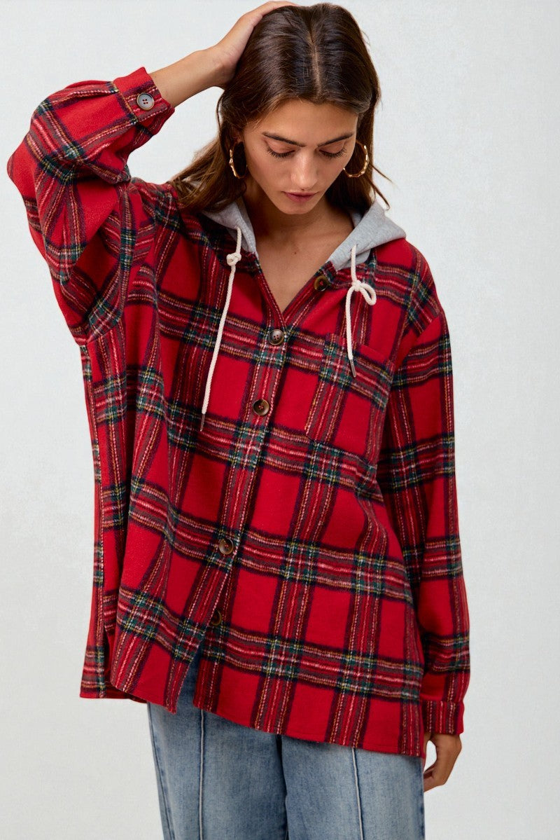 Person wearing a red plaid shirt with a white background
