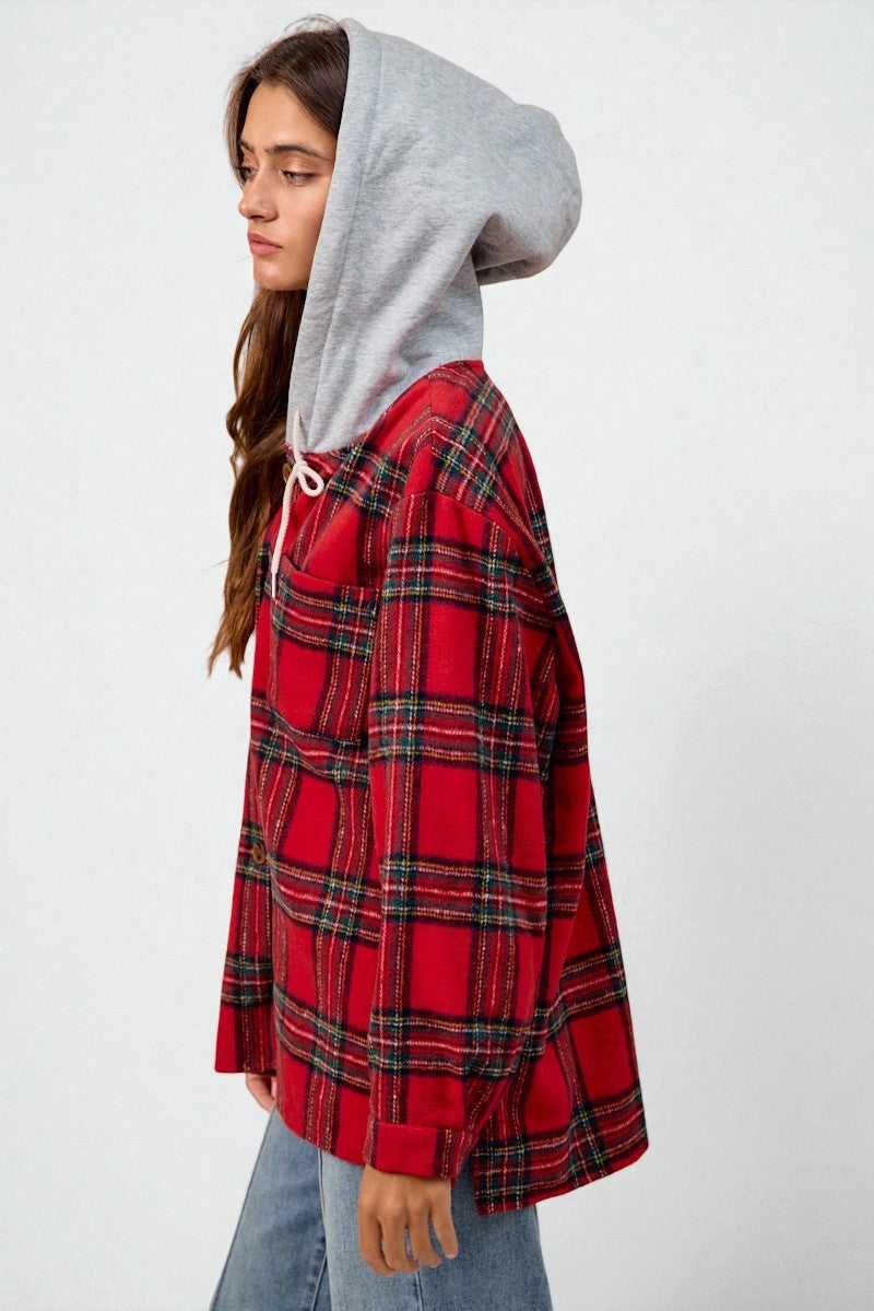 Person wearing a red plaid shirt with a gray hoodie on a white background