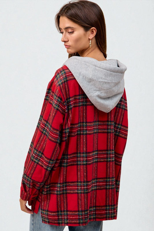 Person wearing a red plaid shirt with a gray hood on a white background