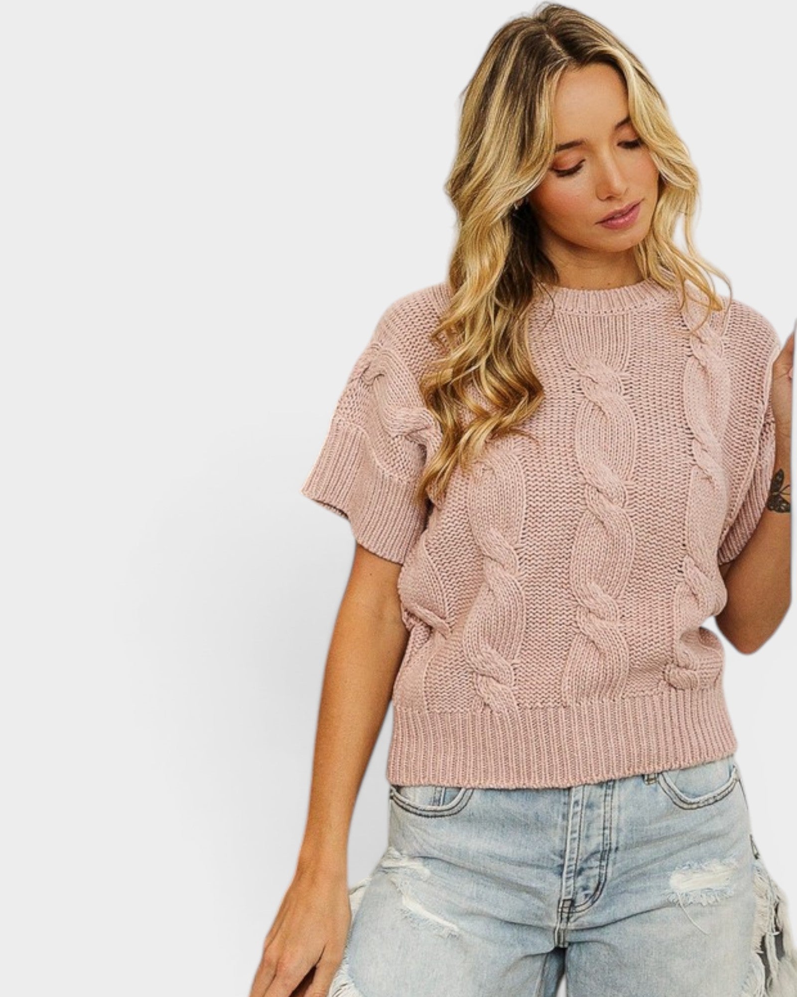 Blush Cable Knit Short Sleeve Sweater