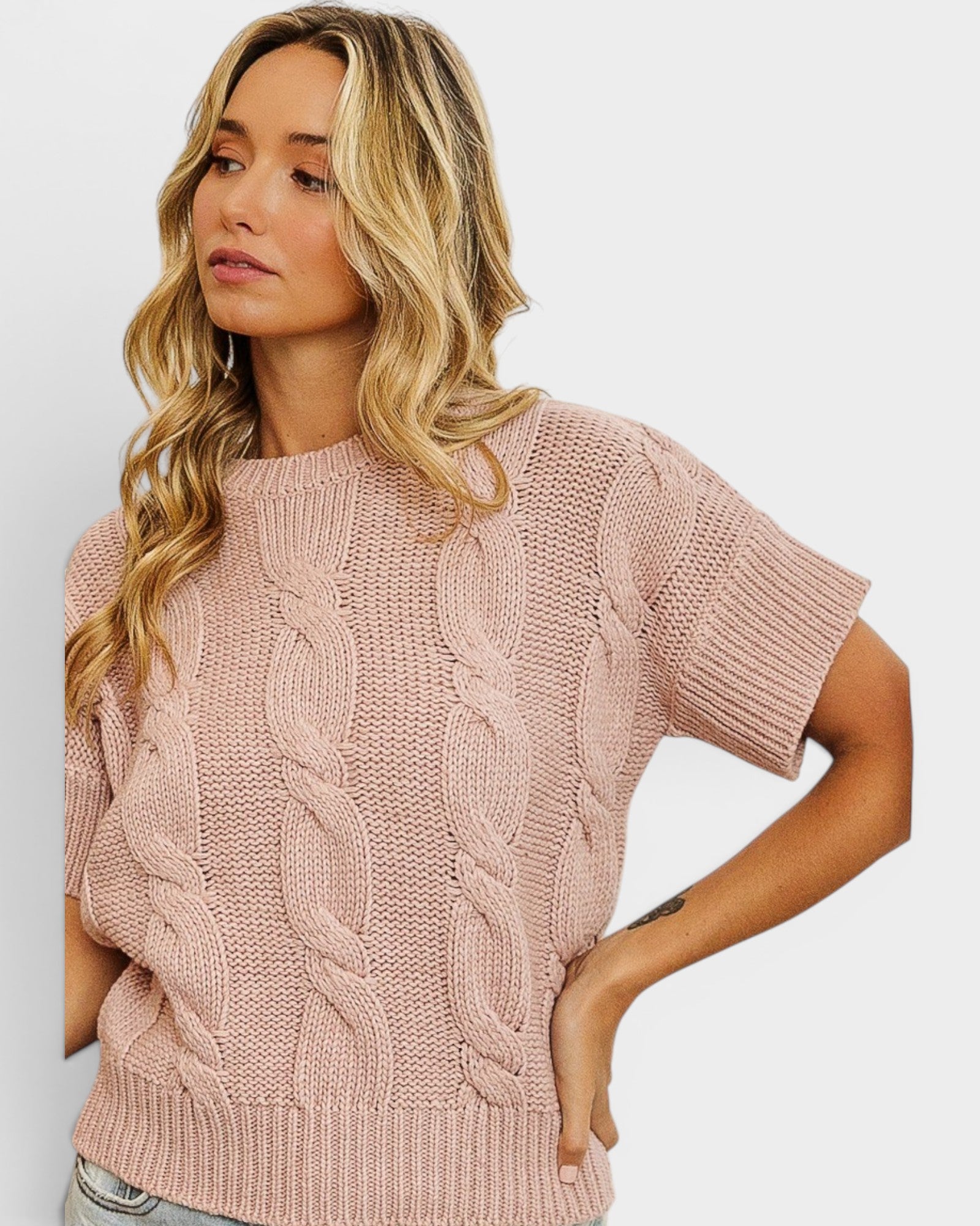 Blush Cable Knit Short Sleeve Sweater