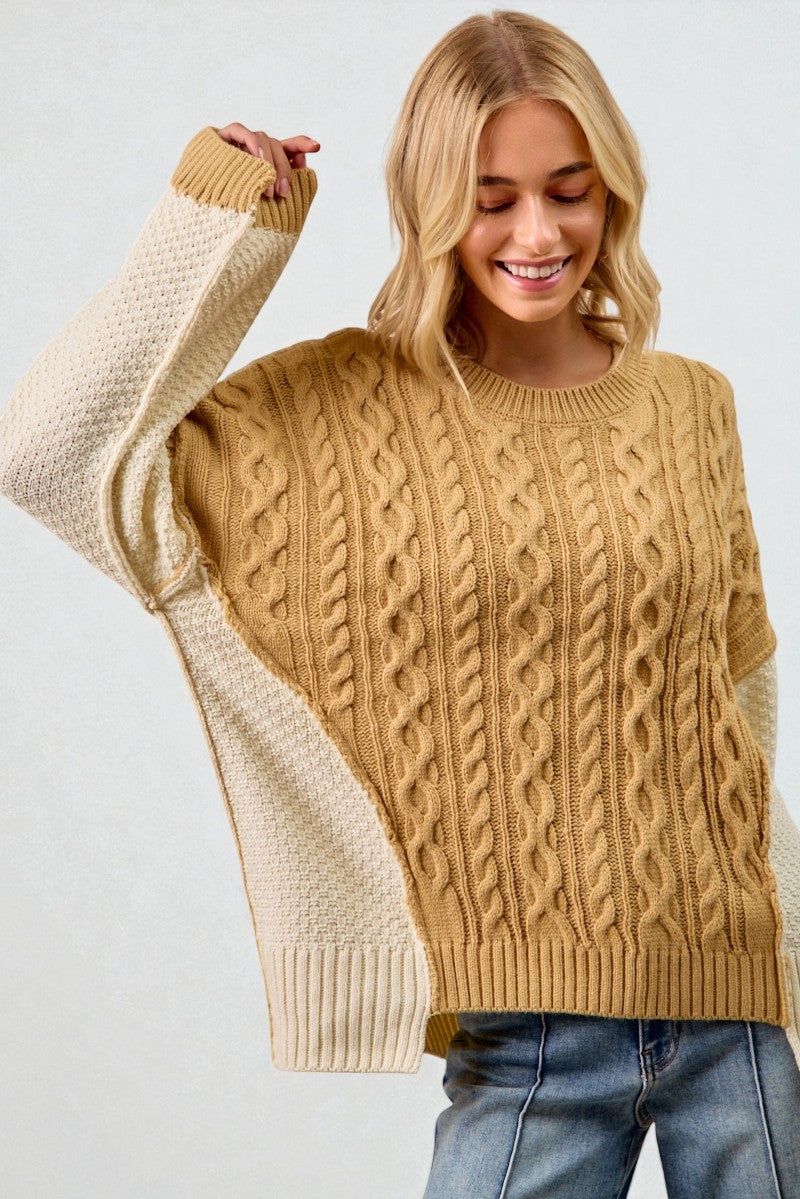 Woman wearing a beige and cream sweater with cable knit pattern on a plain background