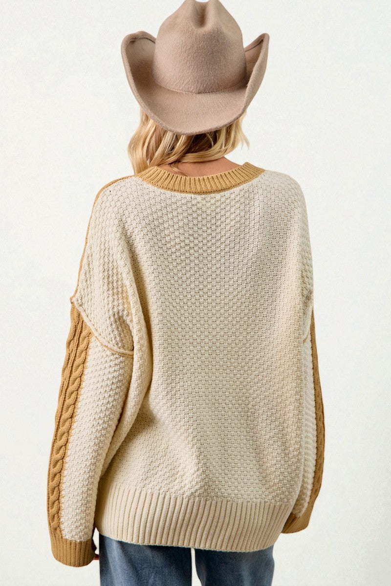 Person wearing a cream sweater with brown accents and a beige cowboy hat on a white background