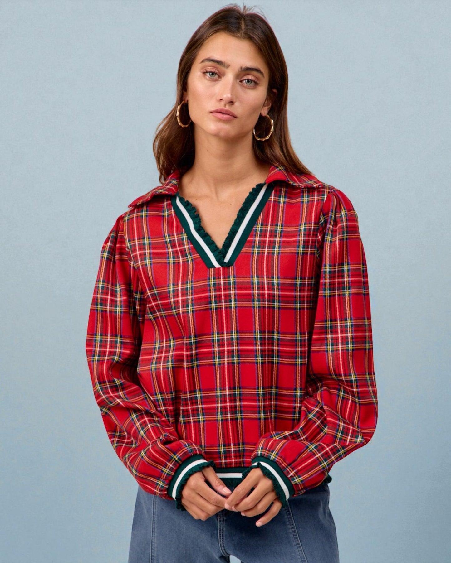 Red Plaid V-Neck Blouse