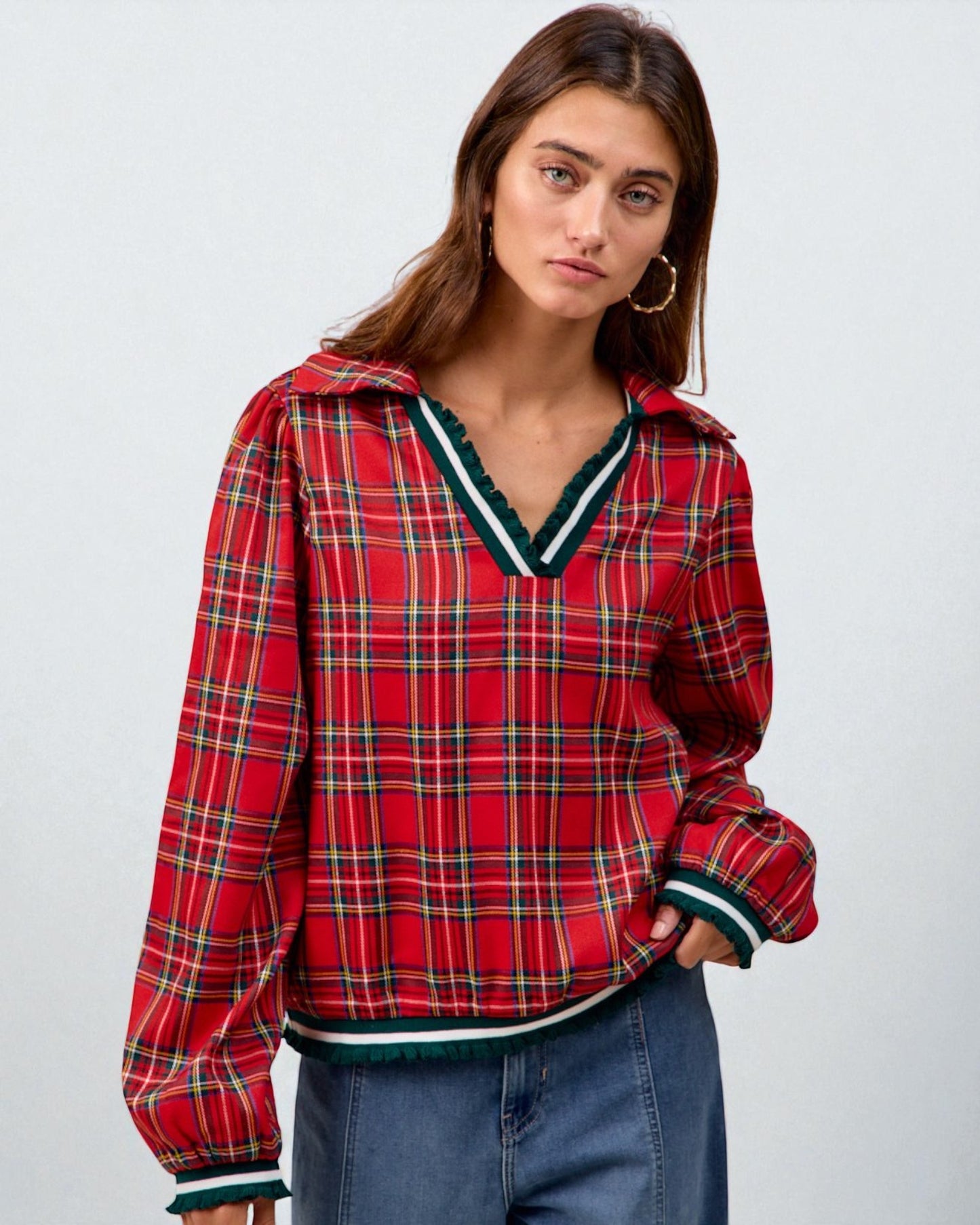 Red Plaid V-Neck Blouse