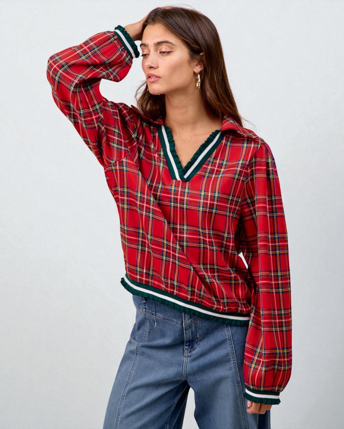 Red Plaid V-Neck Blouse