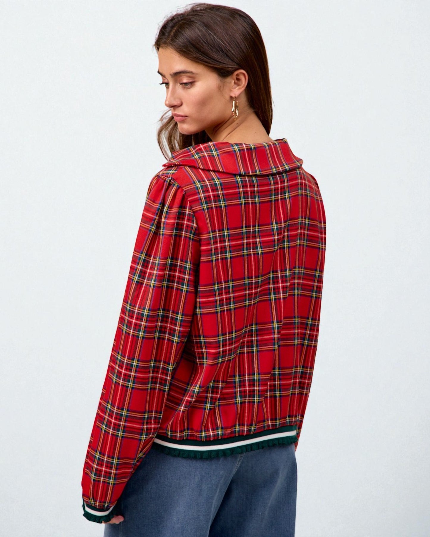 Red Plaid V-Neck Blouse