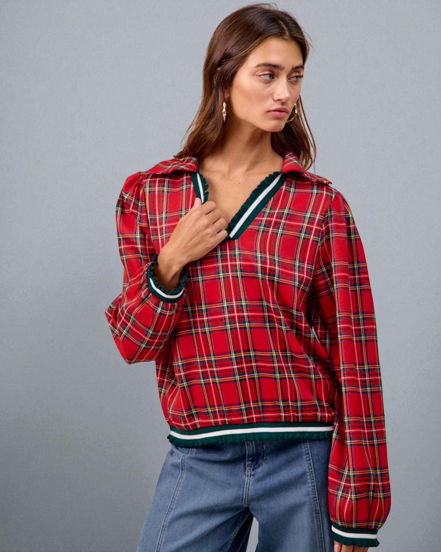 Red Plaid V-Neck Blouse