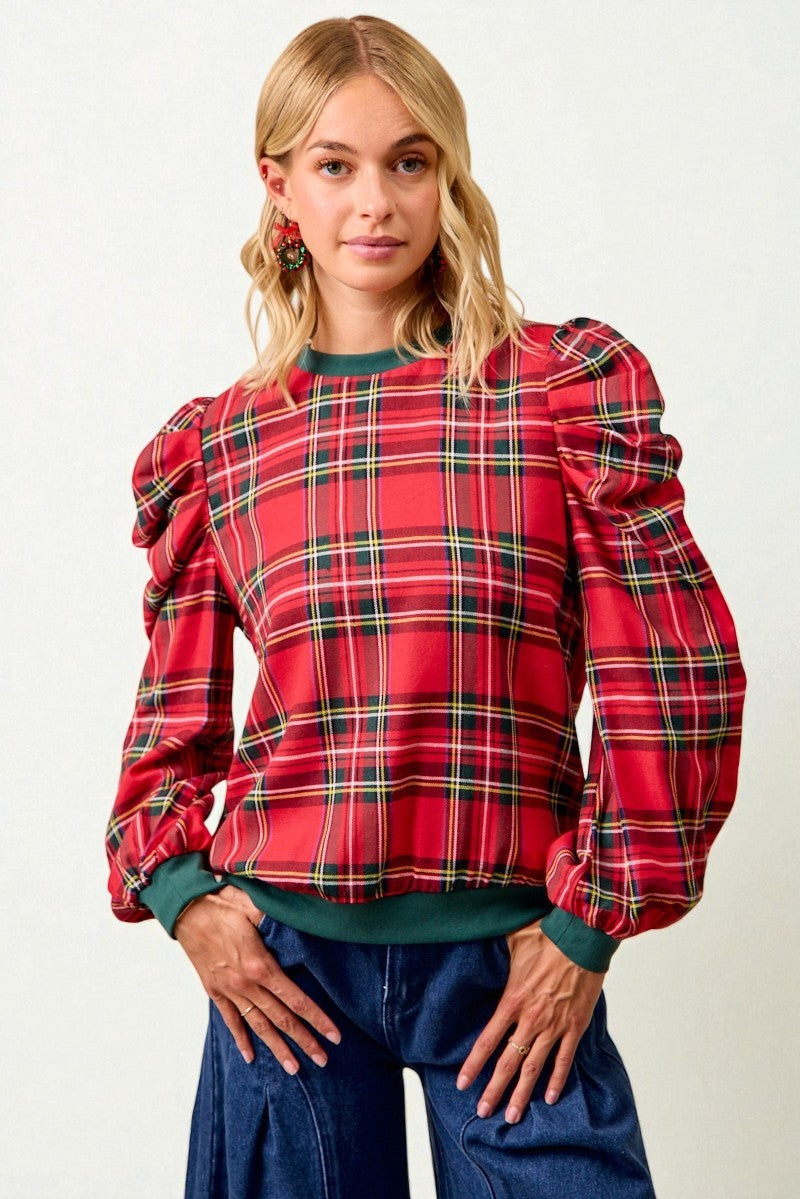 Red Plaid Puff Sleeve Top