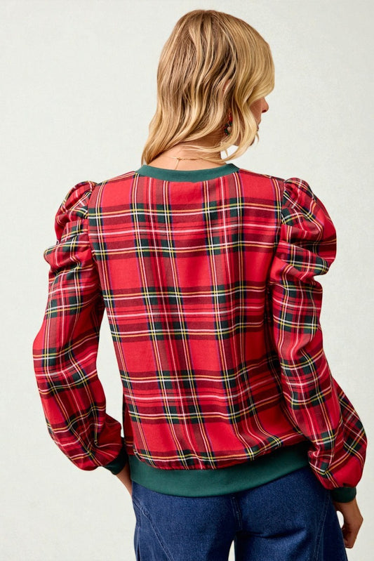 Red Plaid Puff Sleeve Top