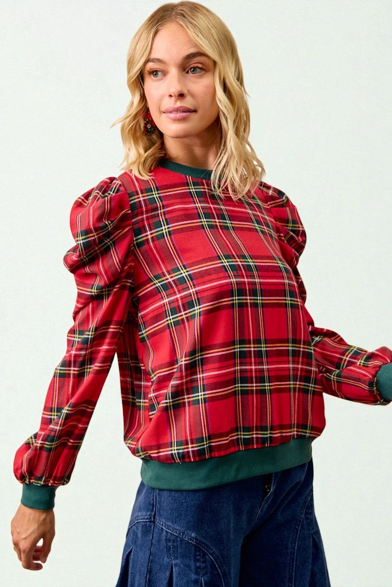 Red Plaid Puff Sleeve Top