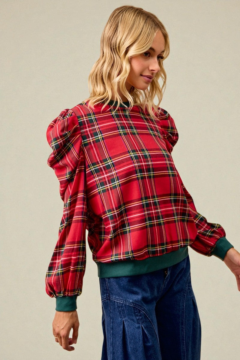 Red Plaid Puff Sleeve Top