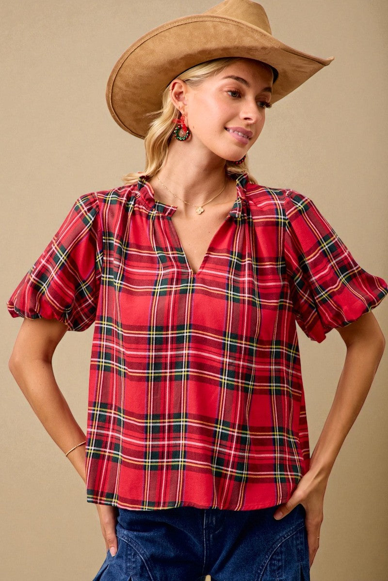 Red Plaid Puff Sleeve Top