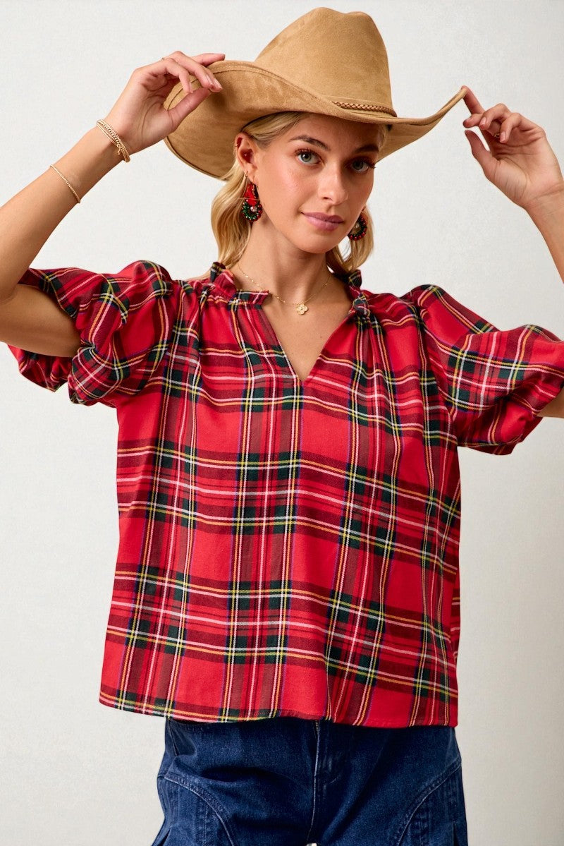 Red Plaid Puff Sleeve Top