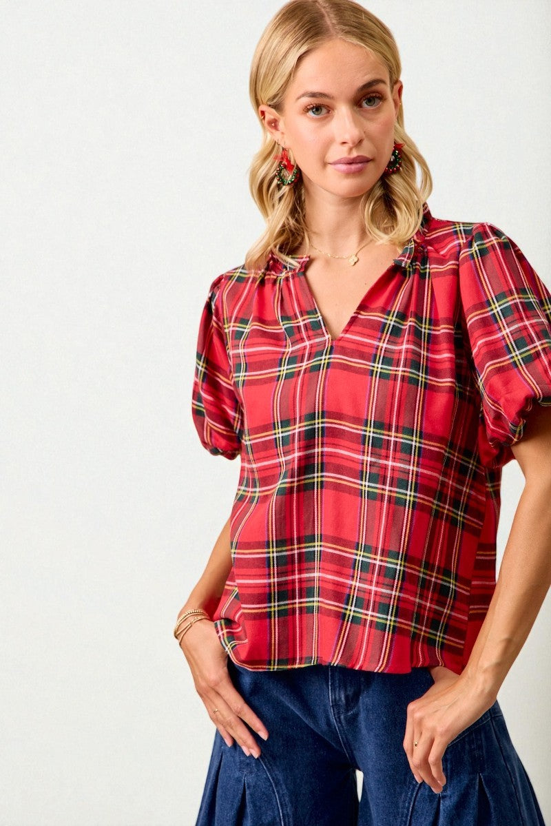 Red Plaid Puff Sleeve Top