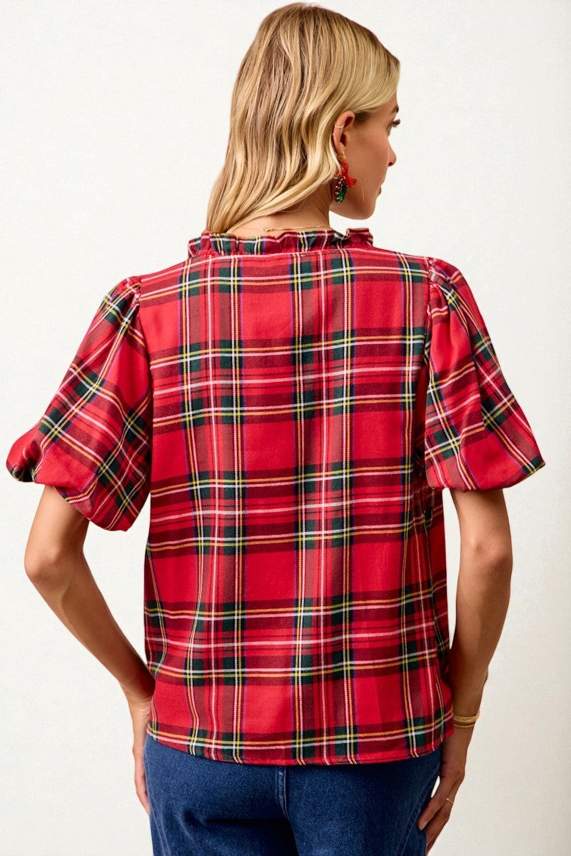 Red Plaid Puff Sleeve Top