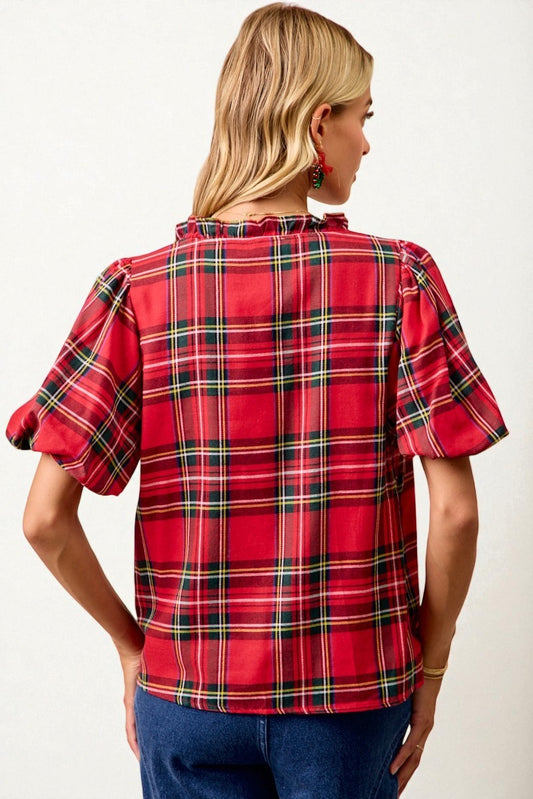 Red Plaid Puff Sleeve Top