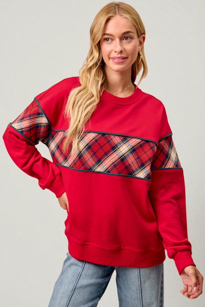 Red Plaid Patchwork Pullover