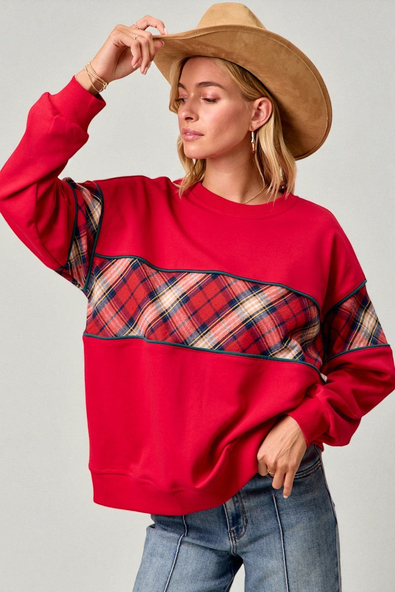 Red Plaid Patchwork Pullover