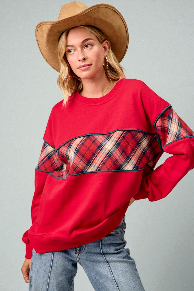 Red Plaid Patchwork Pullover