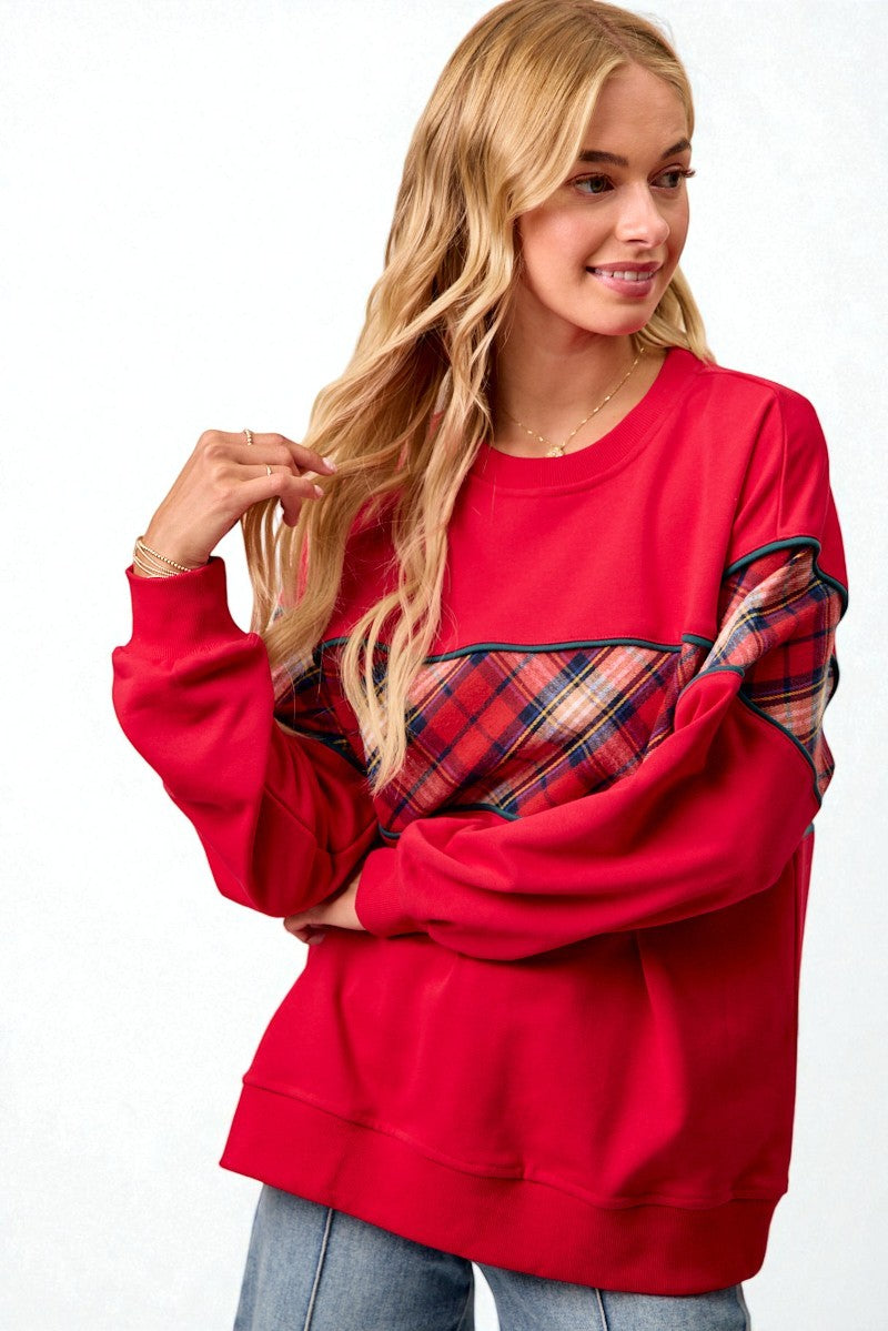 Red Plaid Patchwork Pullover