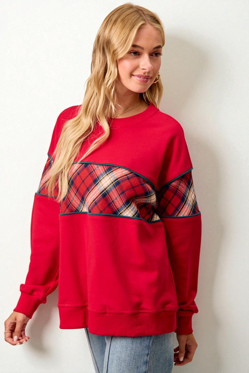 Red Plaid Patchwork Pullover
