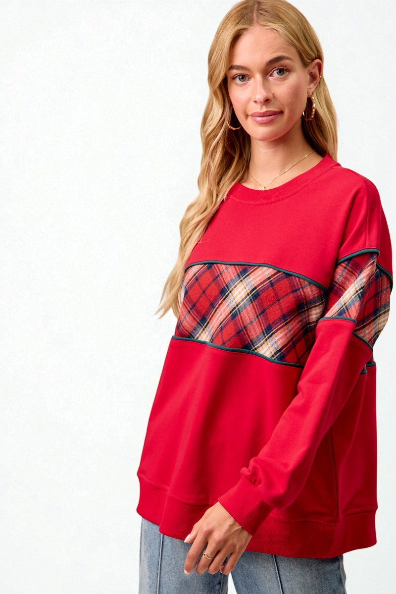 Red Plaid Patchwork Pullover