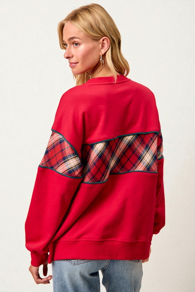 Red Plaid Patchwork Pullover