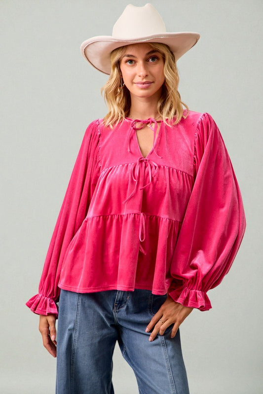 Fuchsia Velvet Tiered Tie Neck Blouse