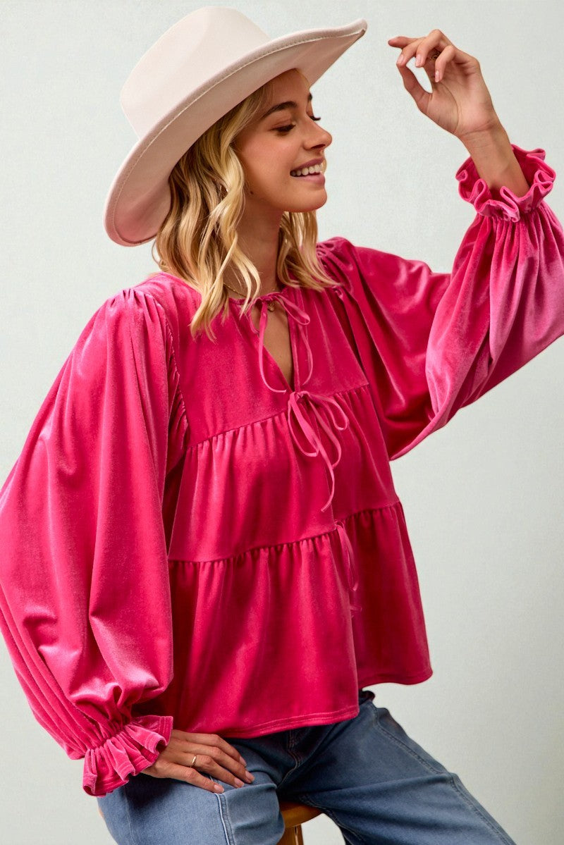 Fuchsia Velvet Tiered Tie Neck Blouse