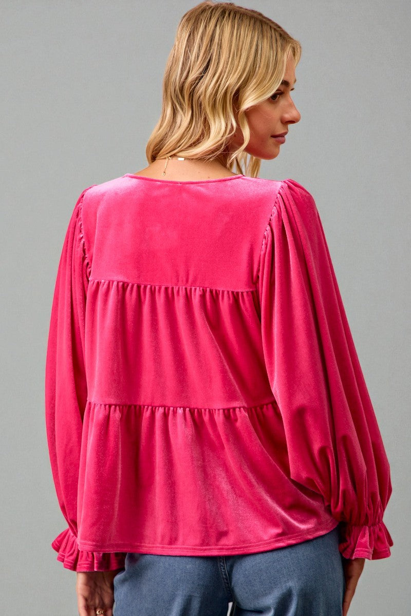 Fuchsia Velvet Tiered Tie Neck Blouse