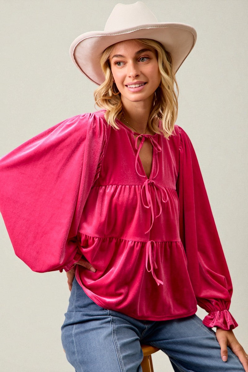 Fuchsia Velvet Tiered Tie Neck Blouse