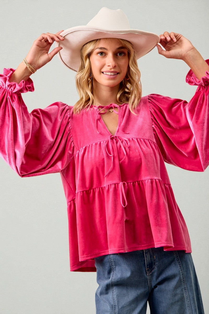 Fuchsia Velvet Tiered Tie Neck Blouse