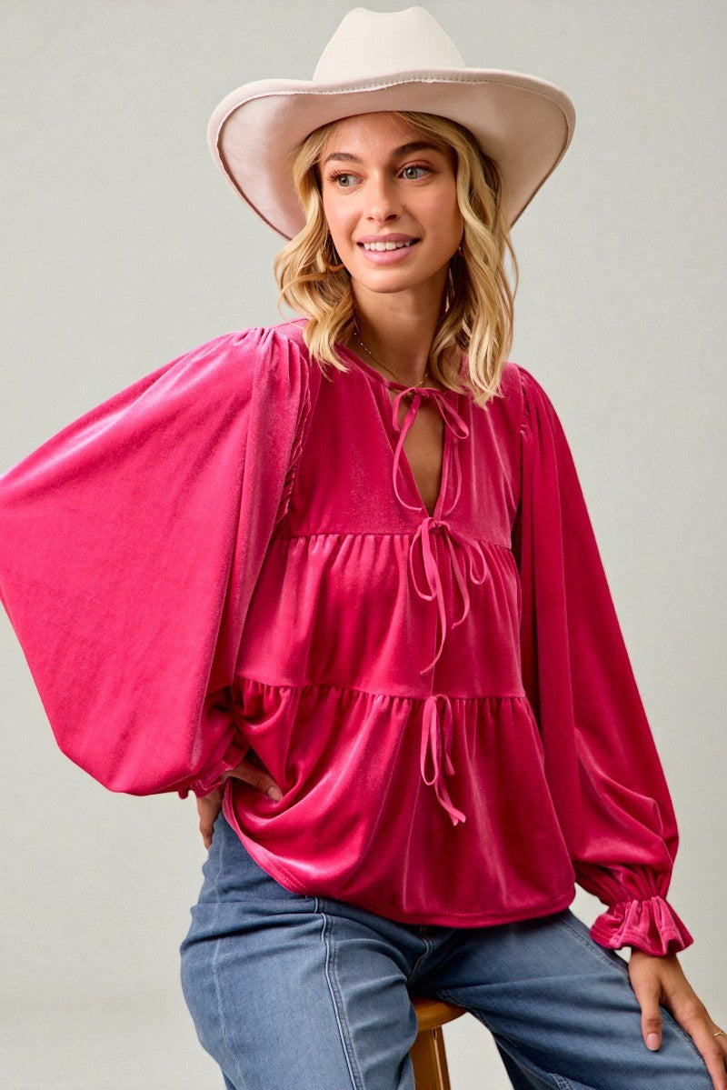 Fuchsia Velvet Tiered Tie Neck Blouse