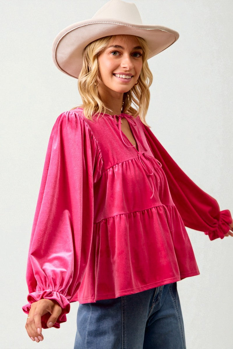 Fuchsia Velvet Tiered Tie Neck Blouse