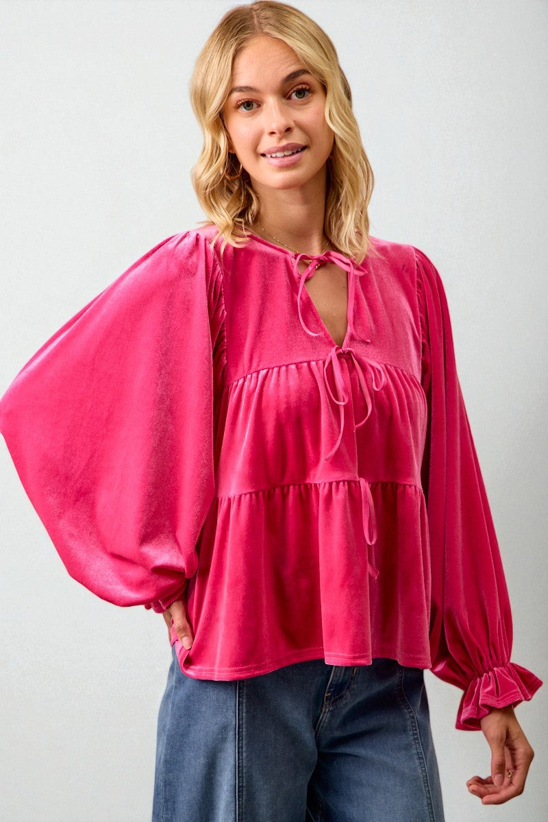 Fuchsia Velvet Tiered Tie Neck Blouse