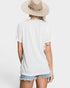 Person wearing a white t-shirt and denim shorts with a beige hat on a white background