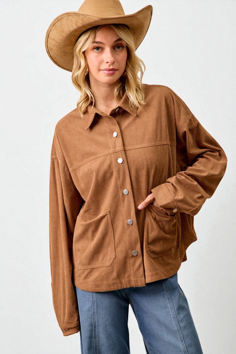 Camel Corduroy Button Front Shacket