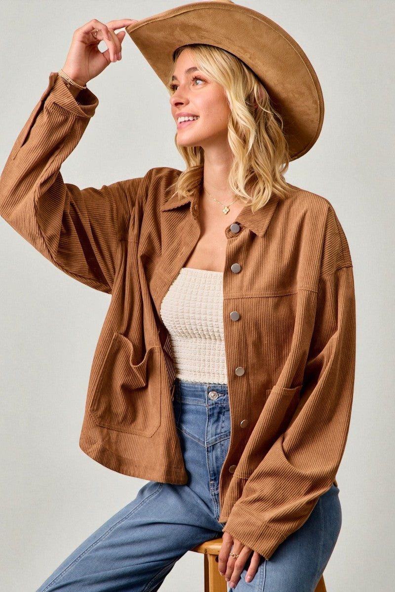 Camel Corduroy Button Front Shacket