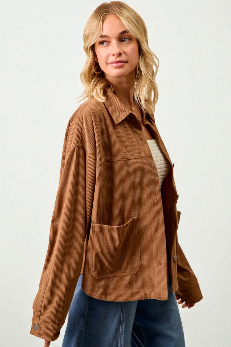 Camel Corduroy Button Front Shacket
