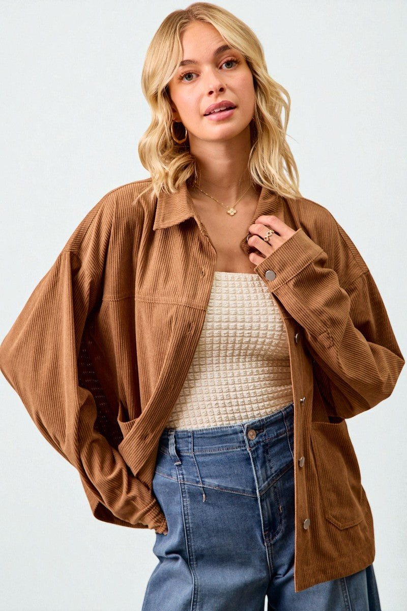 Camel Corduroy Button Front Shacket