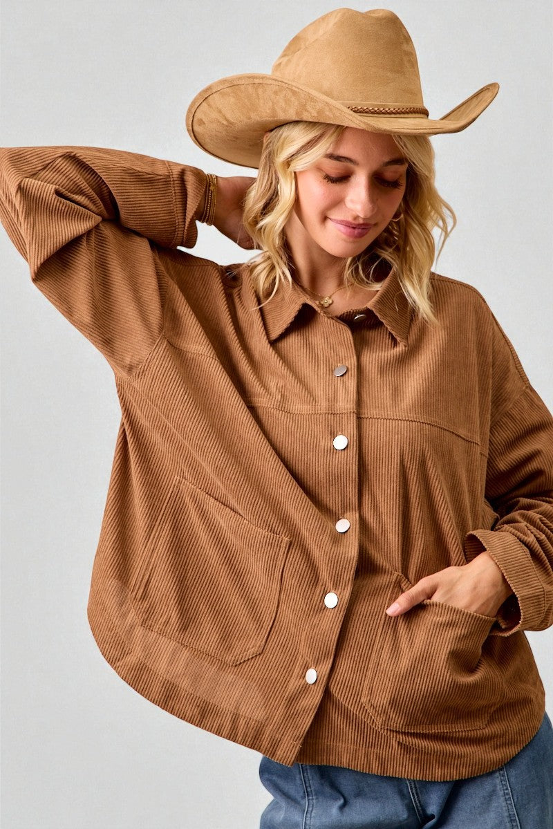 Camel Corduroy Button Front Shacket