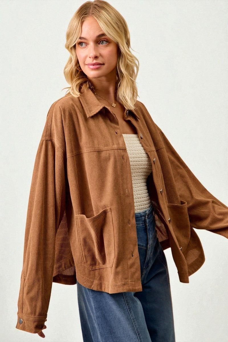 Camel Corduroy Button Front Shacket