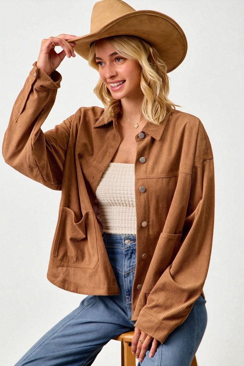 Camel Corduroy Button Front Shacket