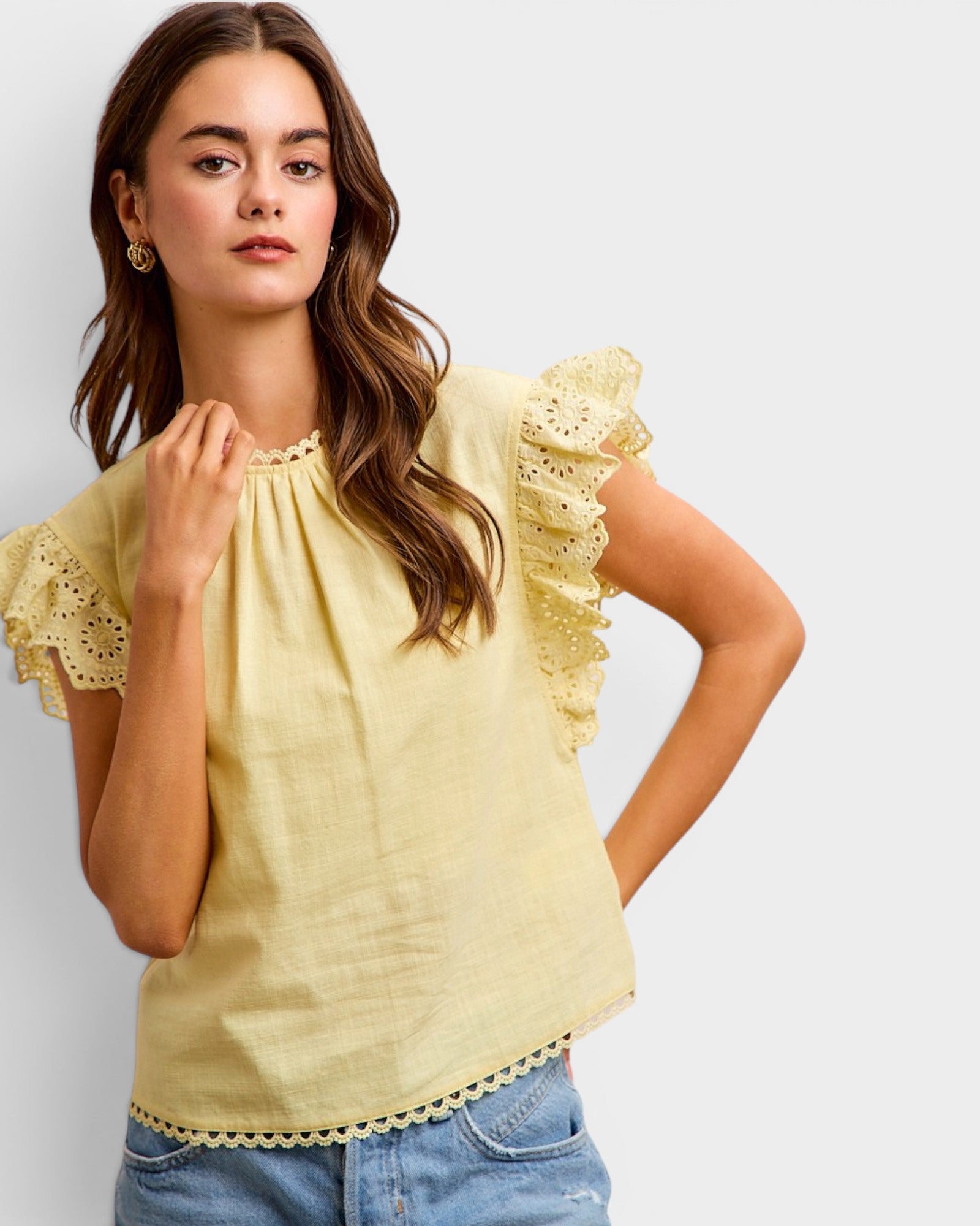 Creamy Yellow Cotton Eyelet Sleeve Top