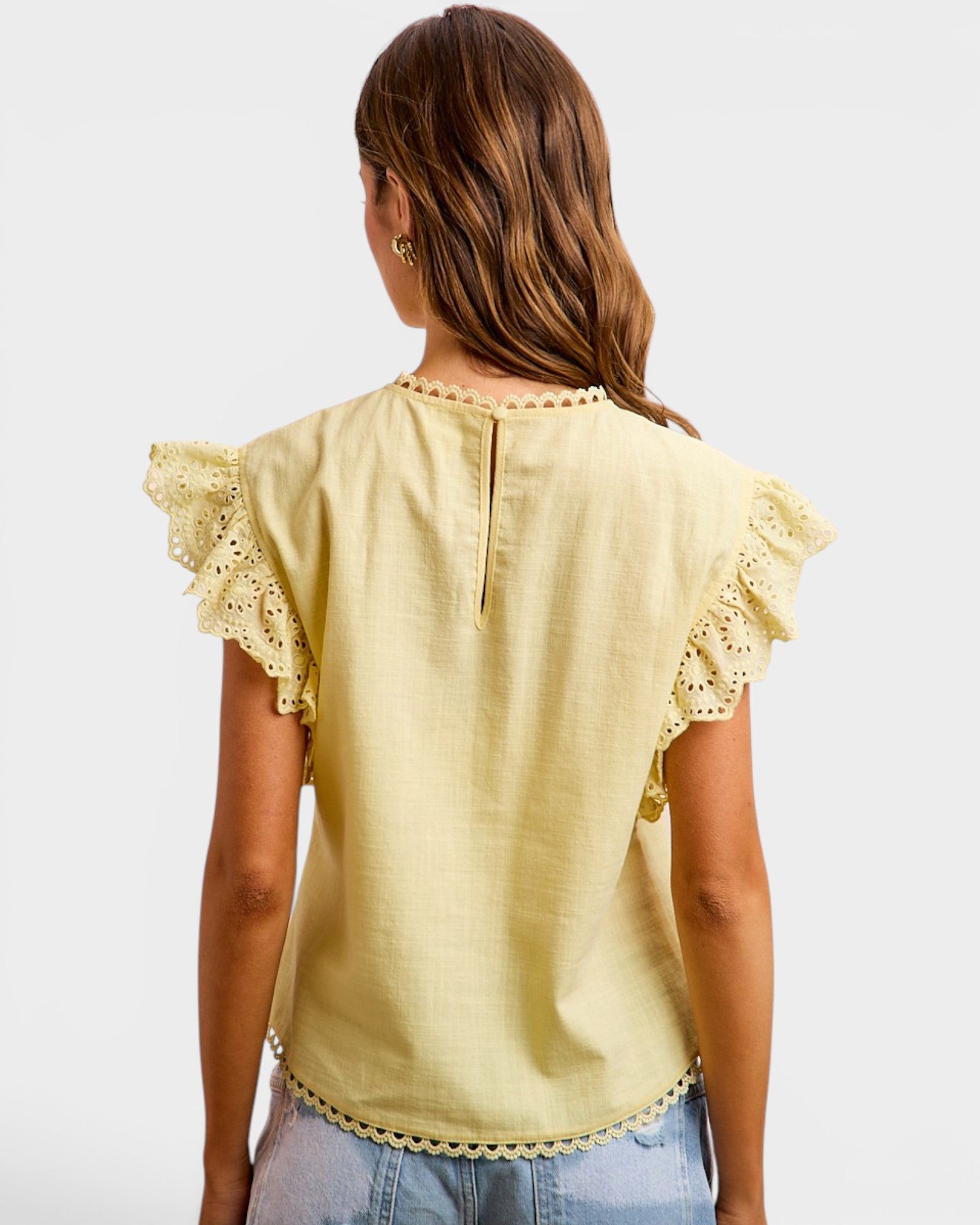 Creamy Yellow Cotton Eyelet Sleeve Top